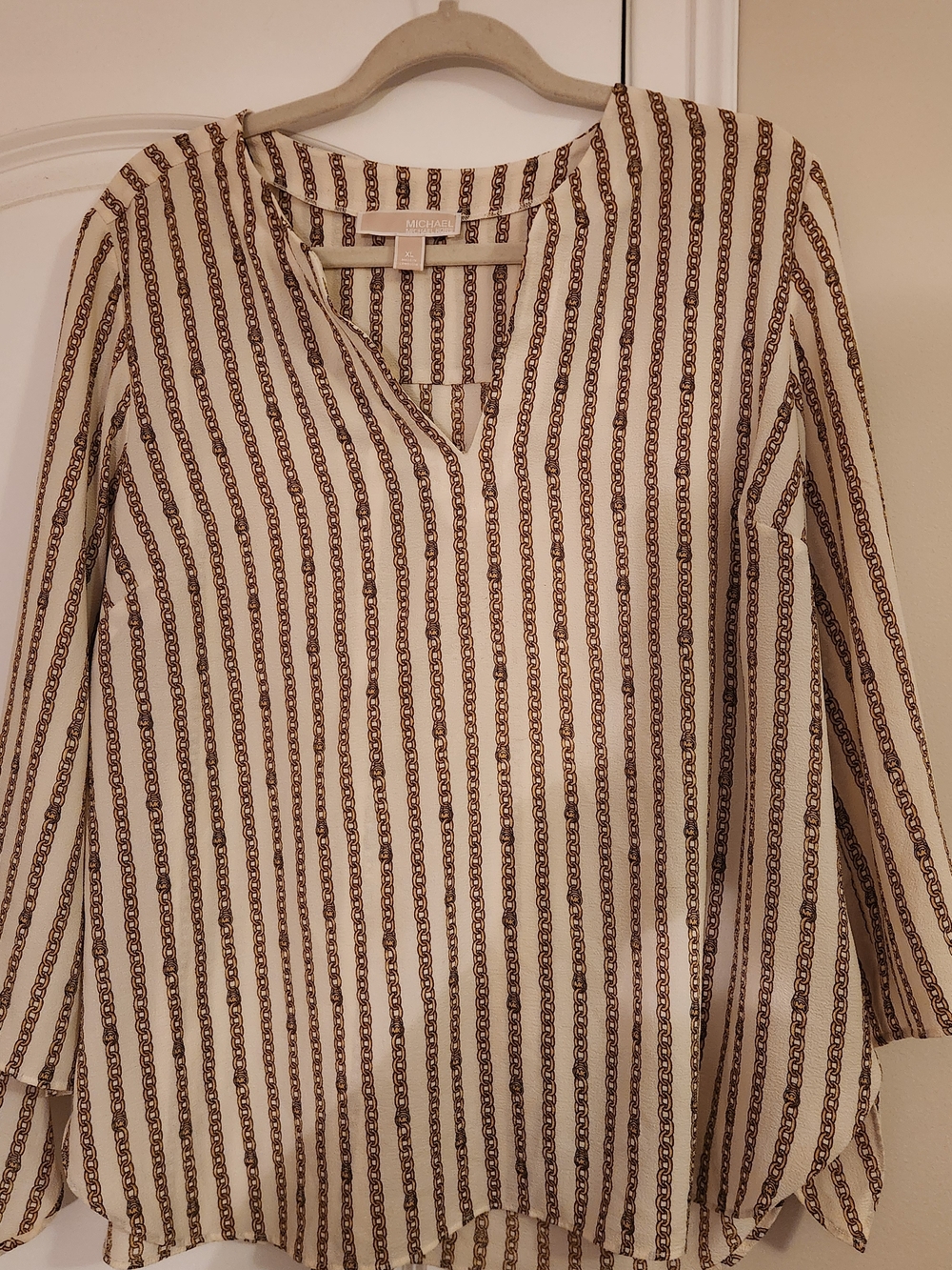 Michael Kors Striped Cream & Brown V-Neck Women's Blouse